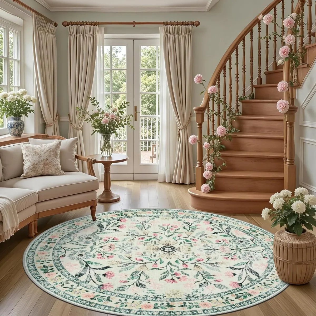 Round Area Rug for Living Room: 6 ft Floral - Image 2