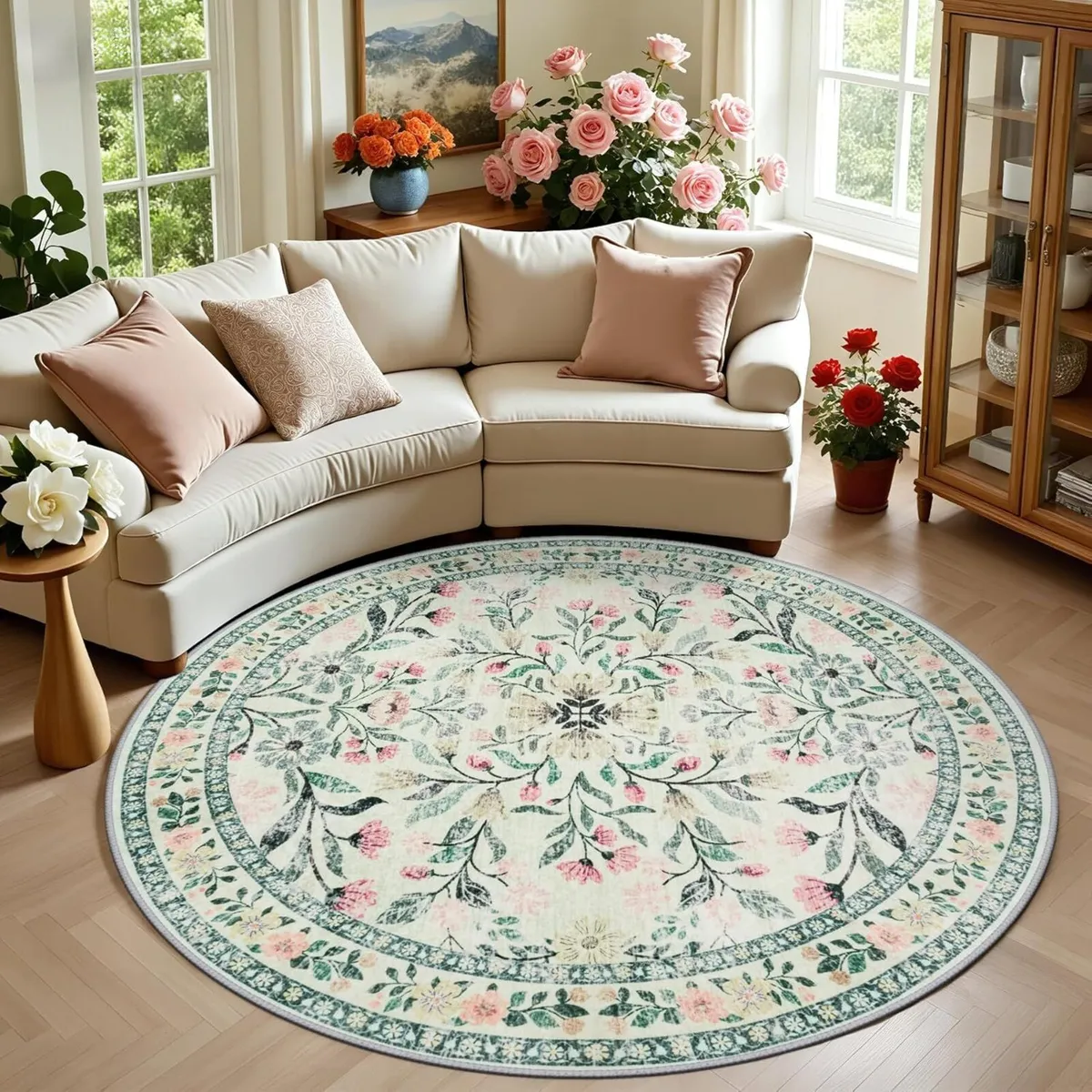 Round Area Rug for Living Room: 6 ft Floral - Image 1
