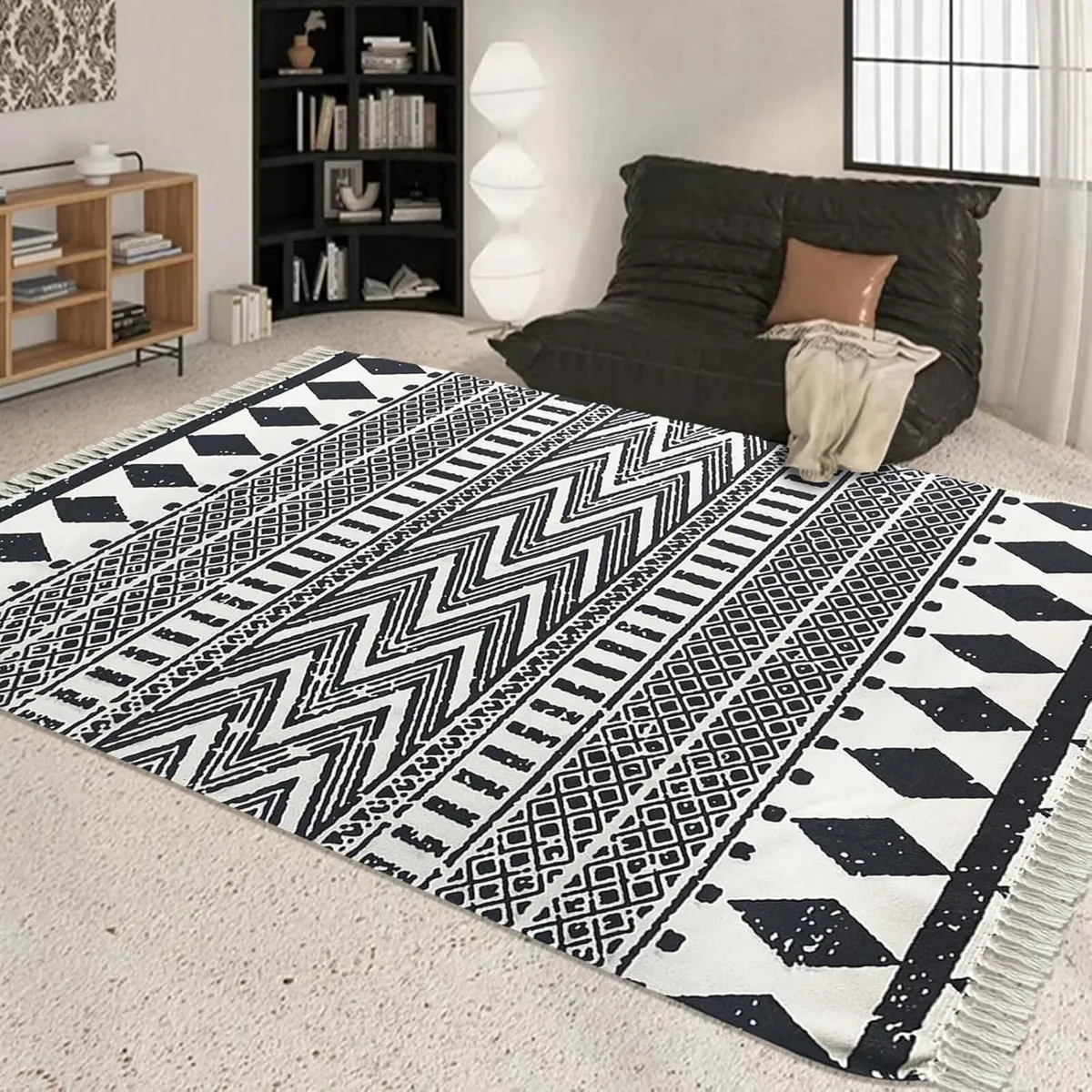 Black and Cream Boho Rug Ultra Large Area Hand - Image 1