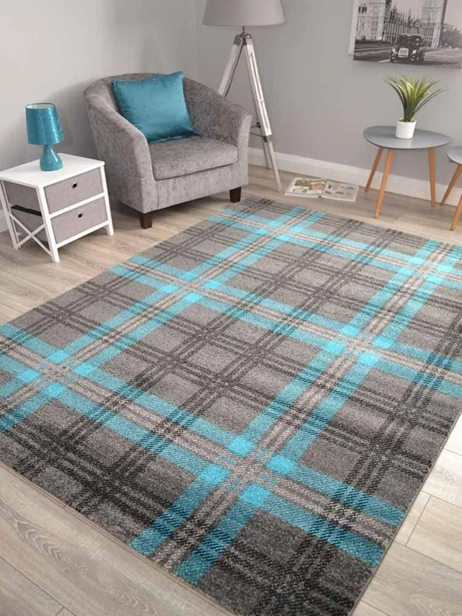Modern Soft Teal Blue Tartan Highland Check Rugs