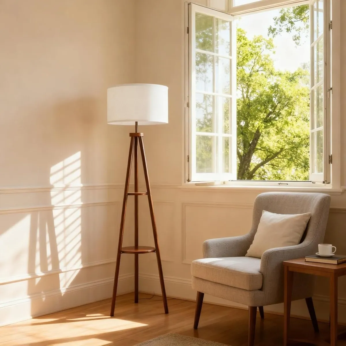 Tripod Floor Lamp with Shelf Vintage Walnut - Image 2