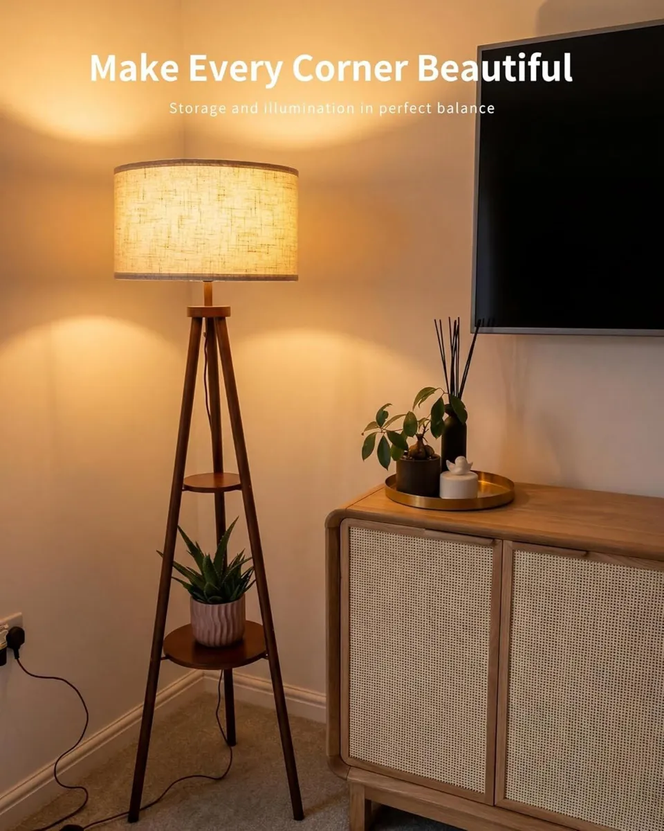 Tripod Floor Lamp with Shelf Vintage Walnut - Image 4