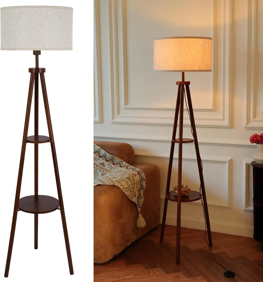 Tripod Floor Lamp with Shelf Vintage Walnut - Image 1