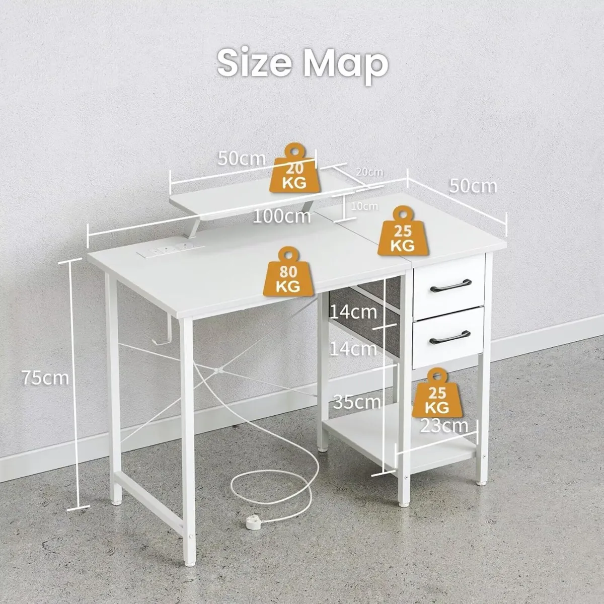 Computer Desk with Drawers Power Outlets 100x50cm - Image 3