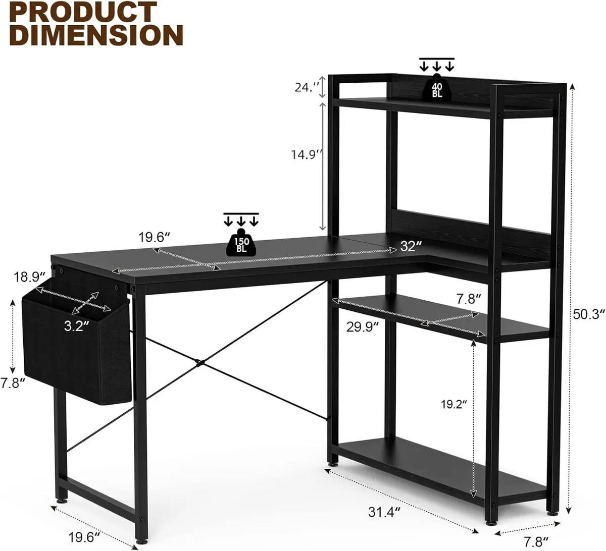 100x80 cm L Shaped Gaming Desk with Reversible - Image 3