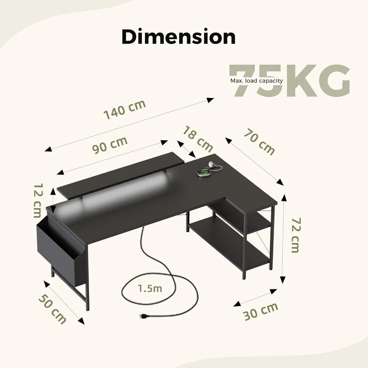 L-shaped desk 140x70cm gaming table with 2 - Image 2