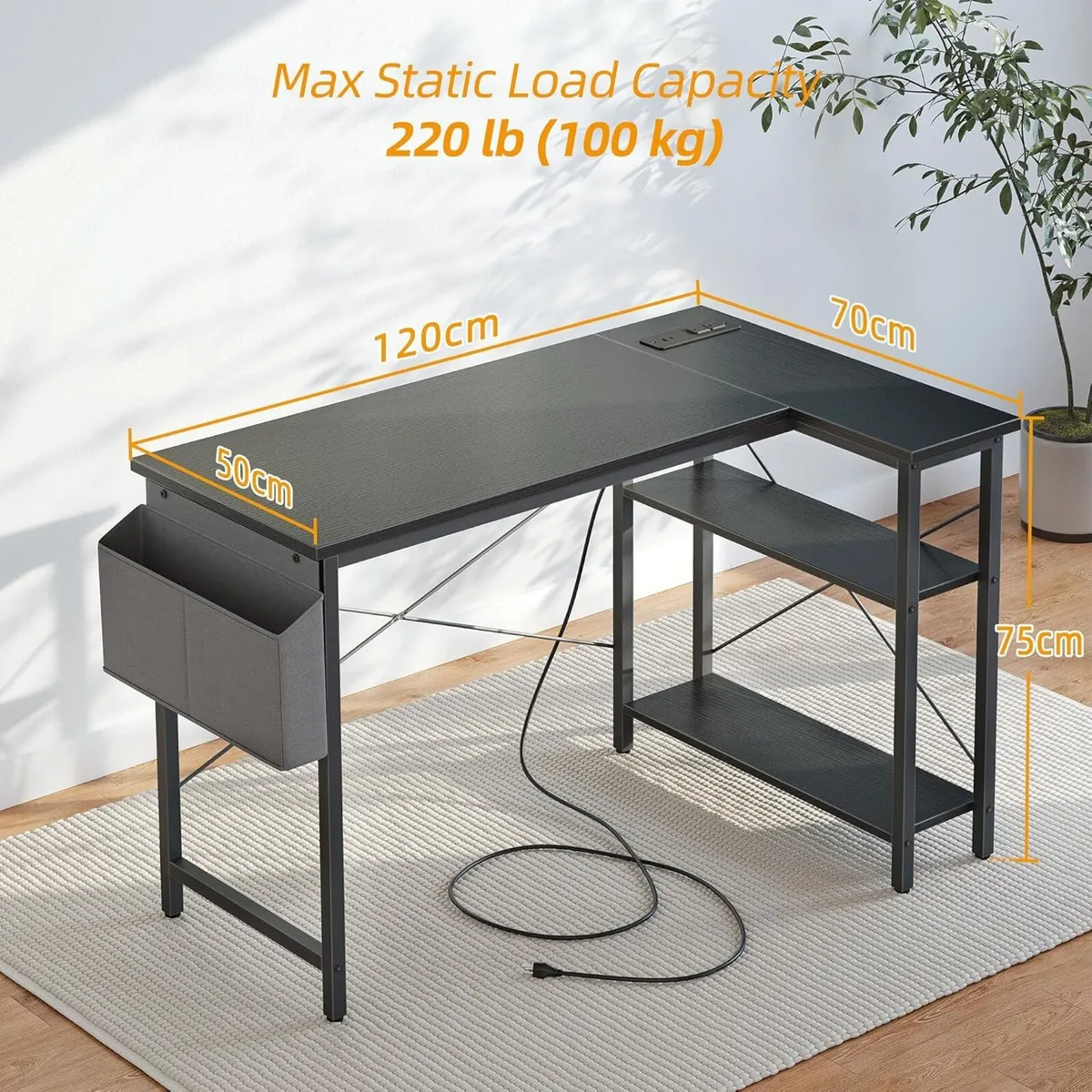 Small L Shaped Desk with Power Outlets - 120x70cm - Image 3