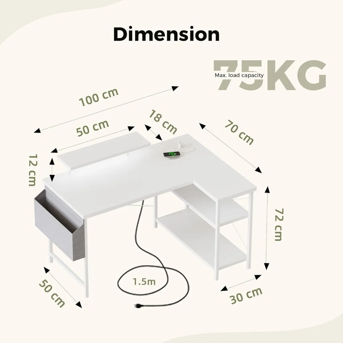 L-shaped desk 100x70cm gaming table with 2 - Image 2
