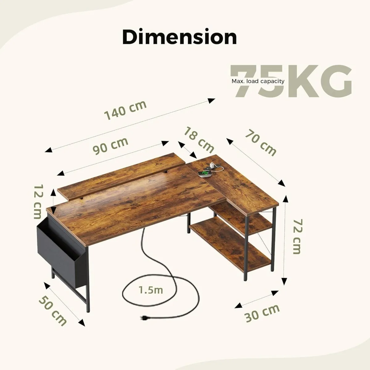 L-shaped desk 140x70cm gaming table with 2 - Image 2