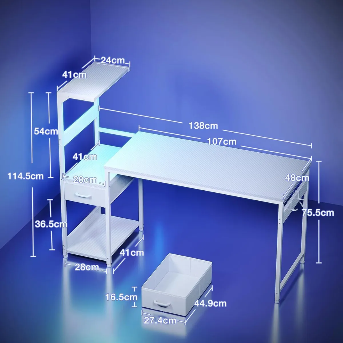 138x48 cm Gaming Desk with LED Lights Reversible - Image 3