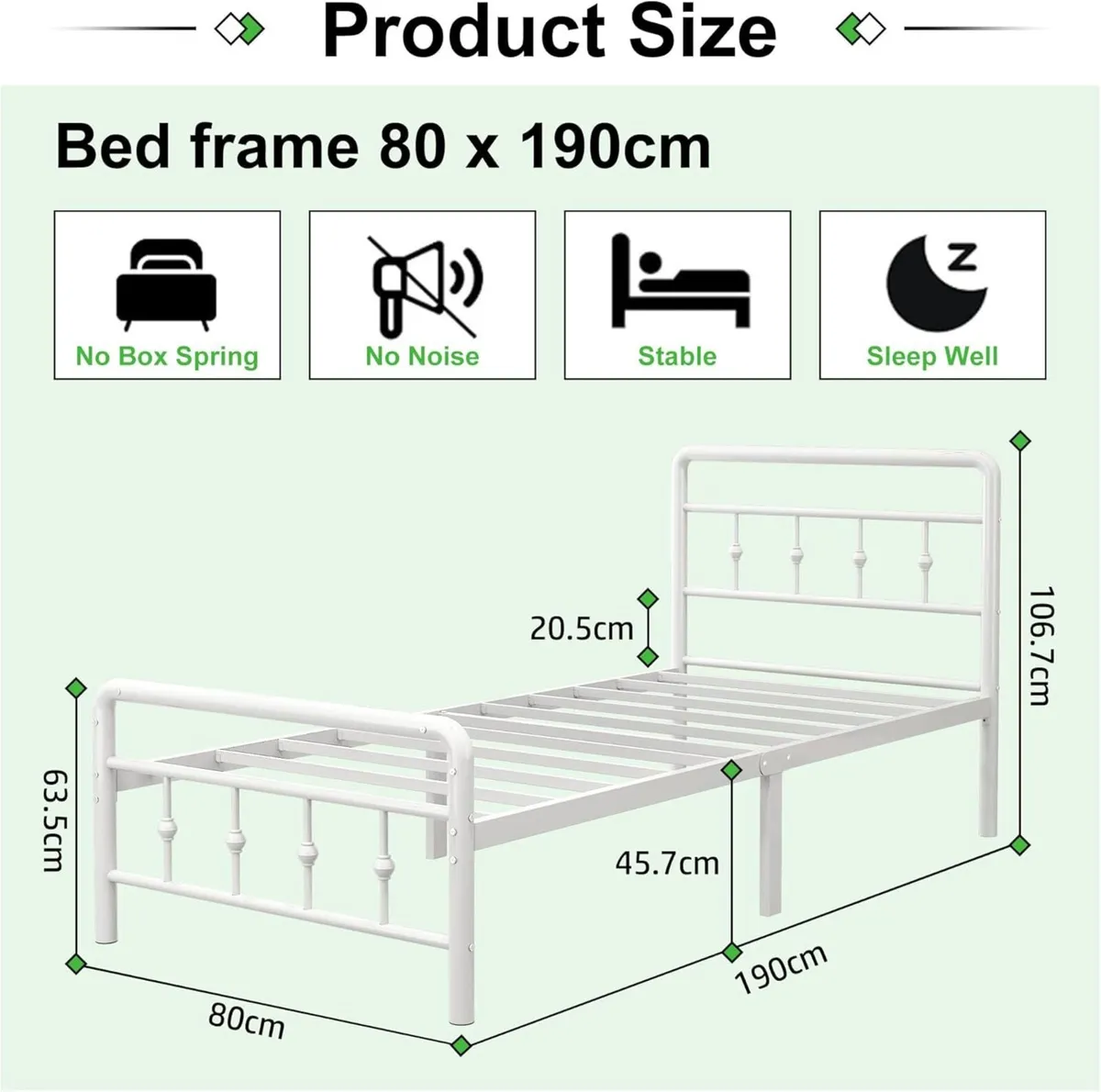 Metal Bed Frame 80 x 190 cm with Headboard and - Image 2