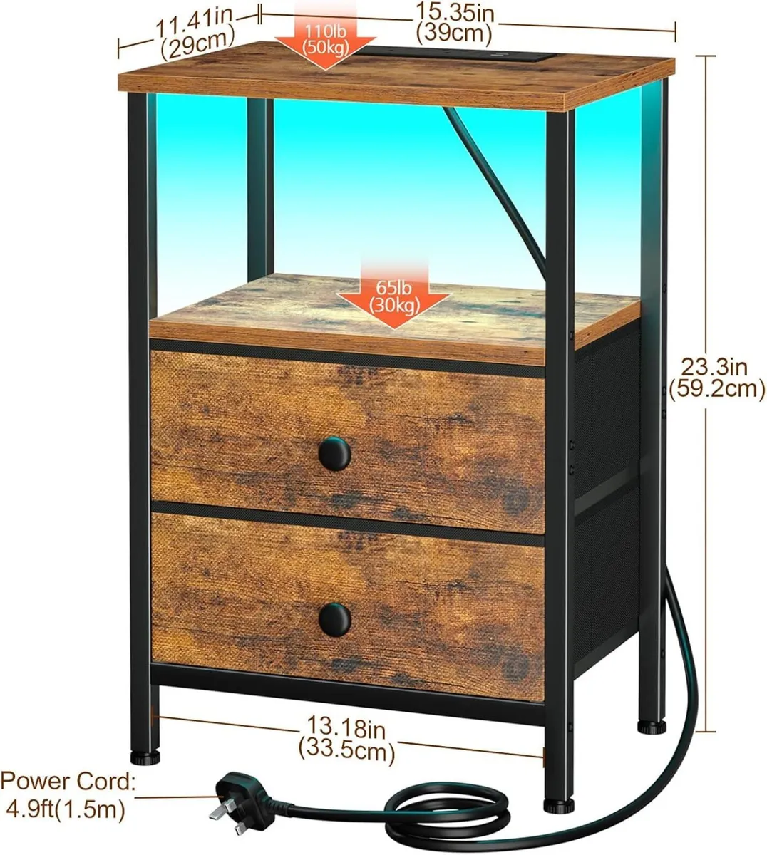 Night Stand Set 2 LED Nightstand with Charging - Image 3