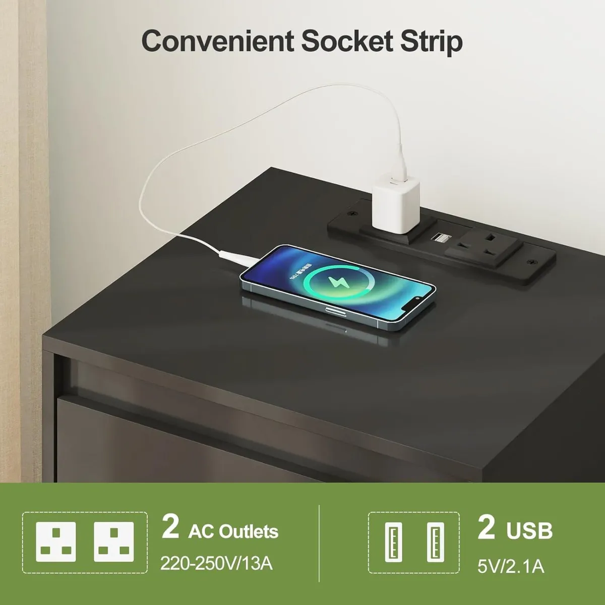 Bedside Table Nightstand with 3 Drawers and Power - Image 4