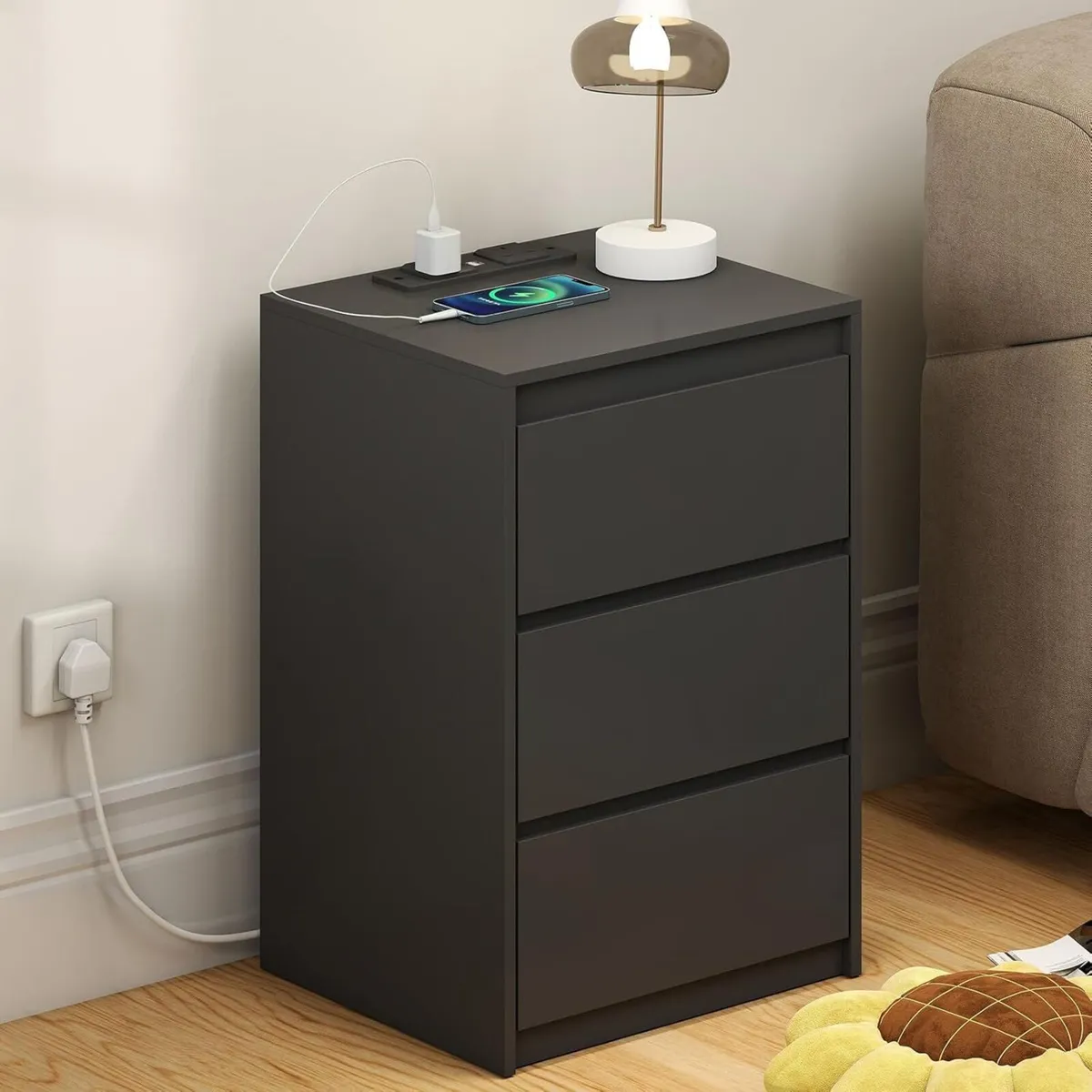 Bedside Table Nightstand with 3 Drawers and Power - Image 1