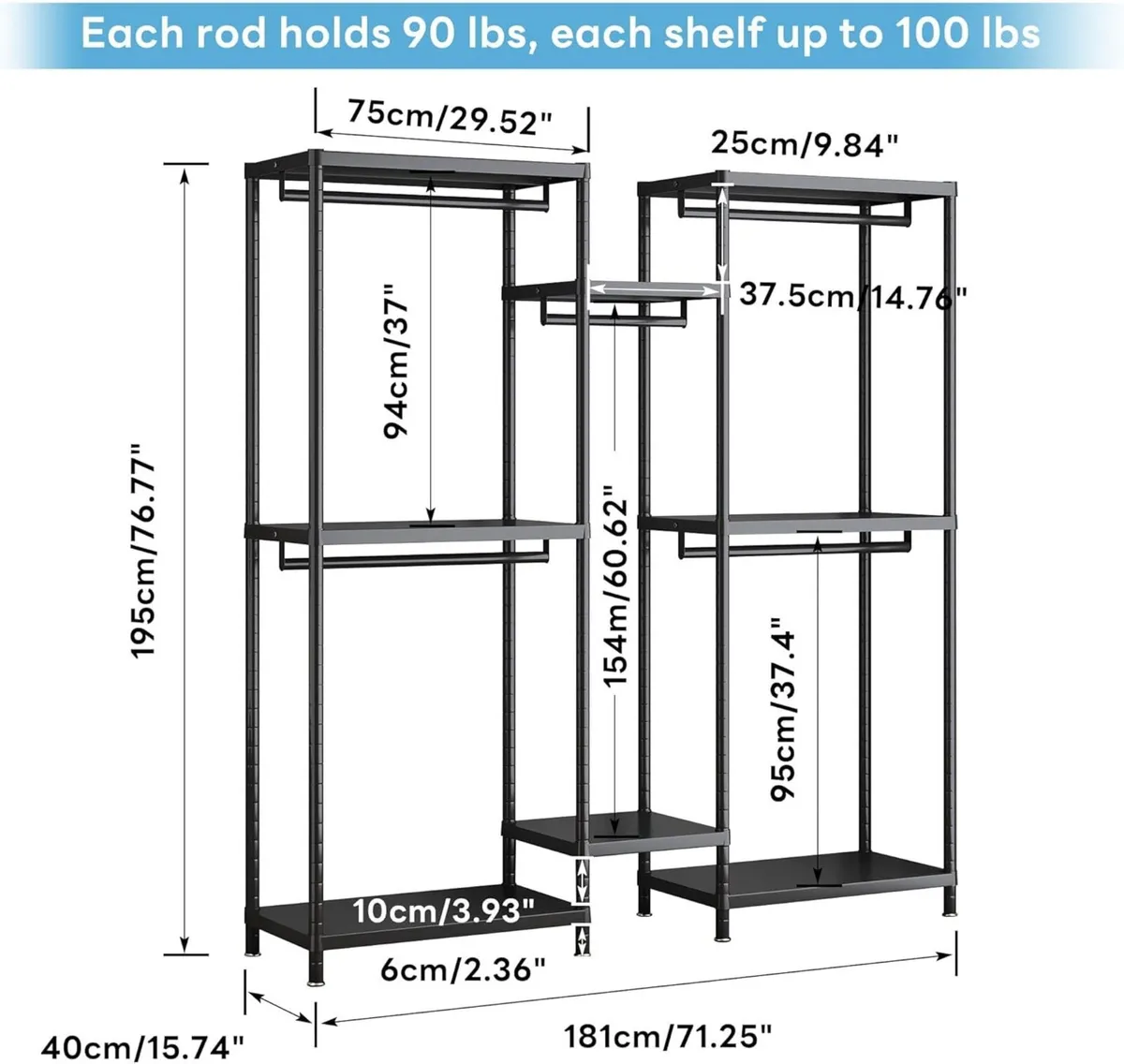195cm Tall Heavy Duty Clothes Rail Metal Open - Image 2