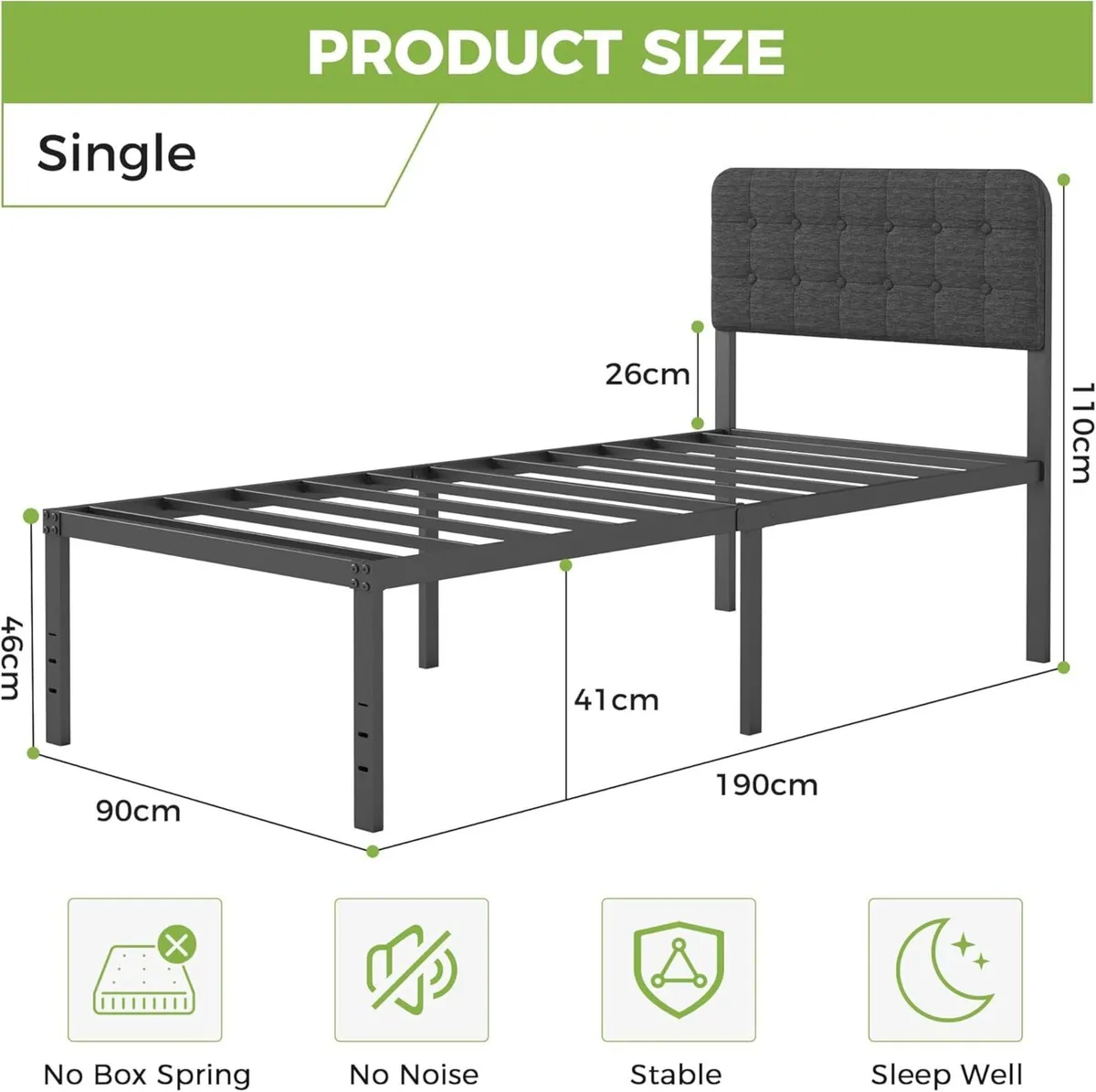 46 cm High Single Bed Frame with Upholstered - Image 2