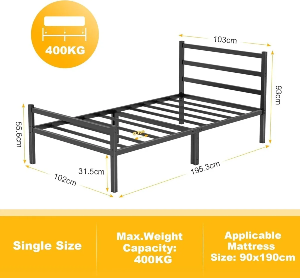 Single Bed Frames with Headboard 3ft Black Metal - Image 2