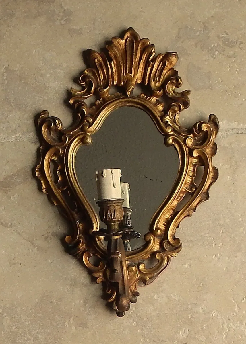 Vintage French Solid Brass Baroque Mirror Sconce - Image 1