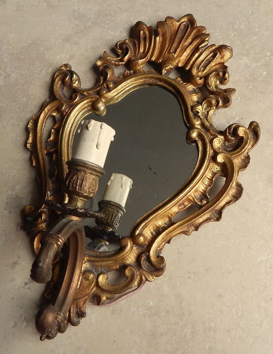 Vintage French Solid Brass Baroque Mirror Sconce - Image 3