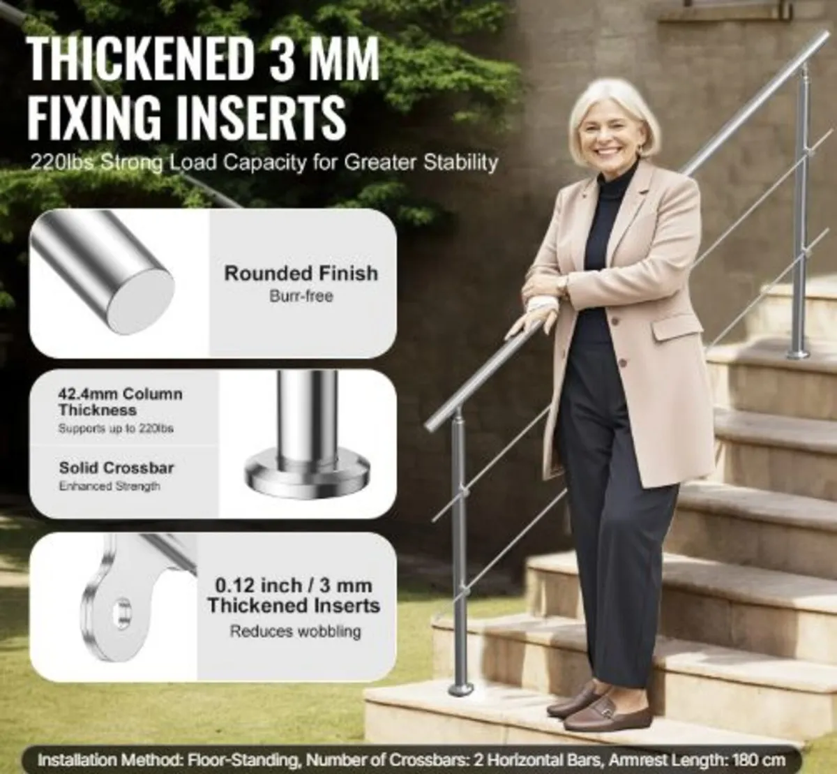 180.1 cm Handrails for Outdoor Steps 2 Crossbars - Image 2