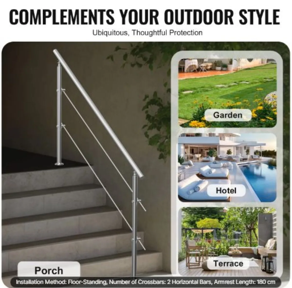 180.1 cm Handrails for Outdoor Steps 2 Crossbars - Image 4