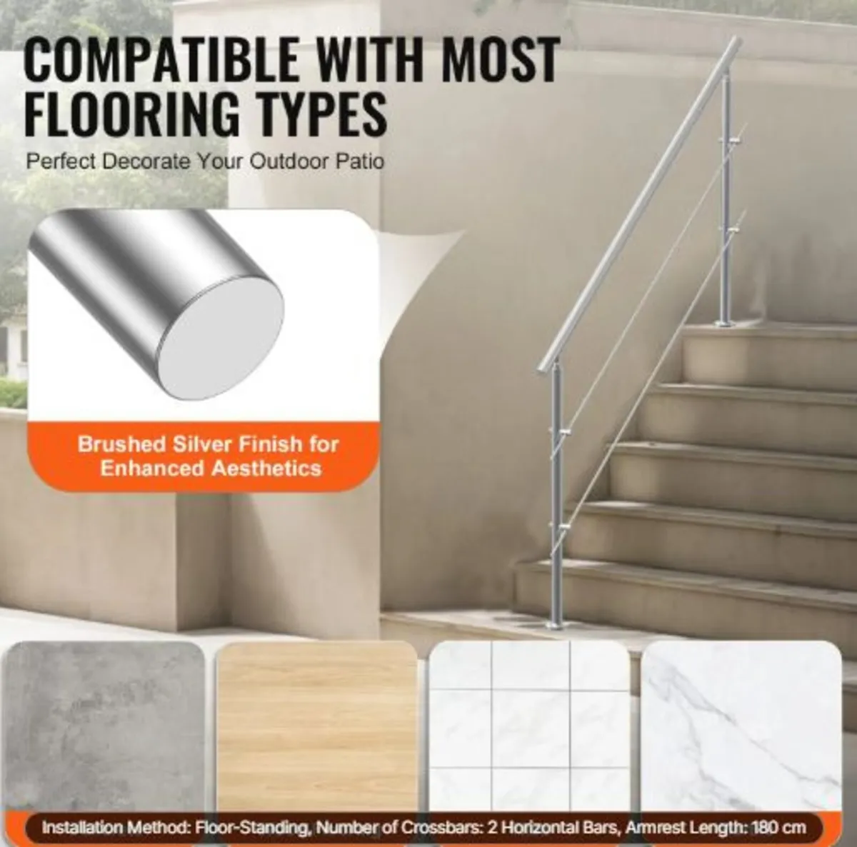 180.1 cm Handrails for Outdoor Steps 2 Crossbars - Image 3