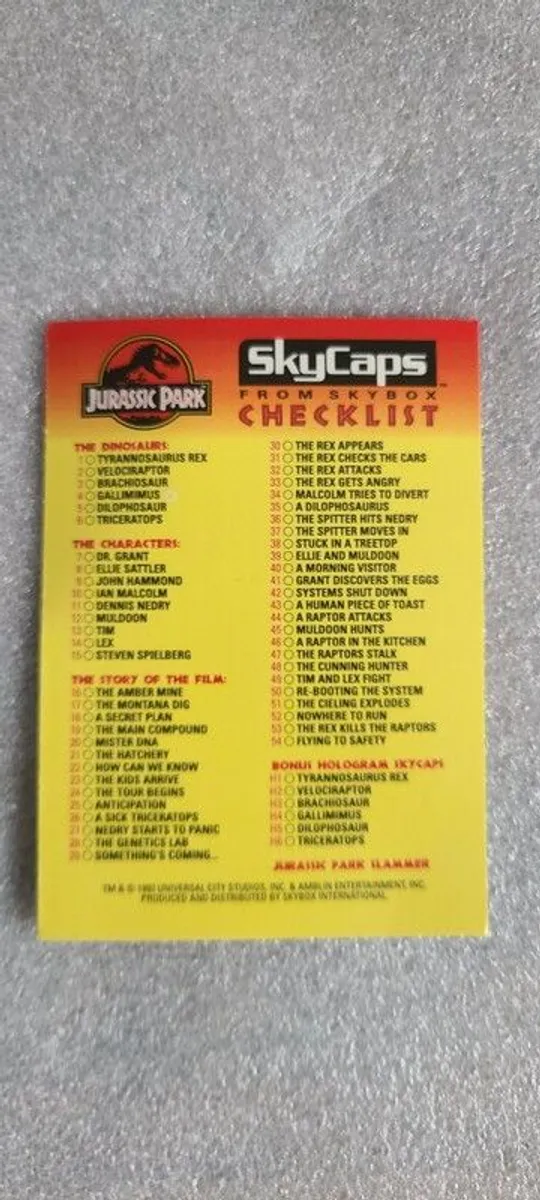 Rare Vintage 1993 Base Set Jurrasic Park 1-54 Skycaps, sleeved with Checklist - Image 3