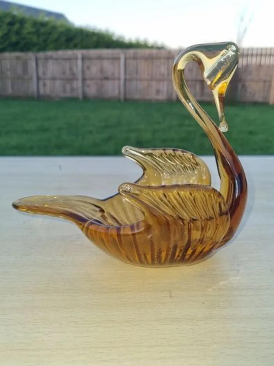Vintage Amber Hand Blown Glass Swan Center Piece - Image 1