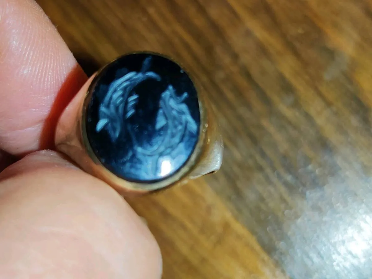 HUGE BLACK ONYX FISHES, 9CT Old Gold 4.23g Ring ! - Image 3