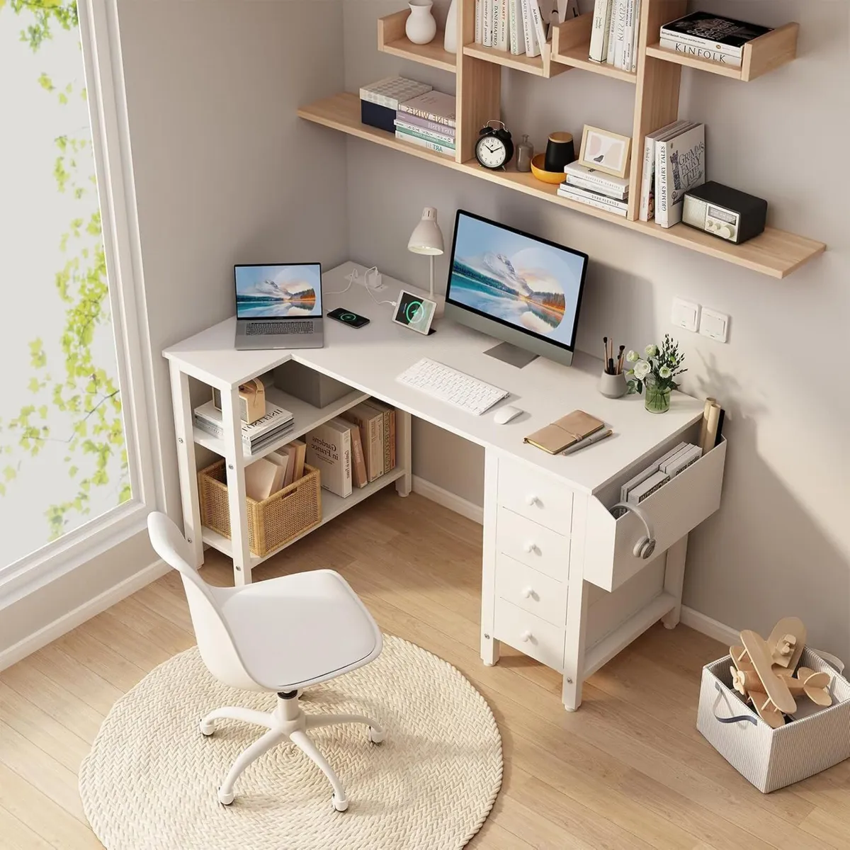 White L Shaped Computer Desk with Drawers Storage - Image 2