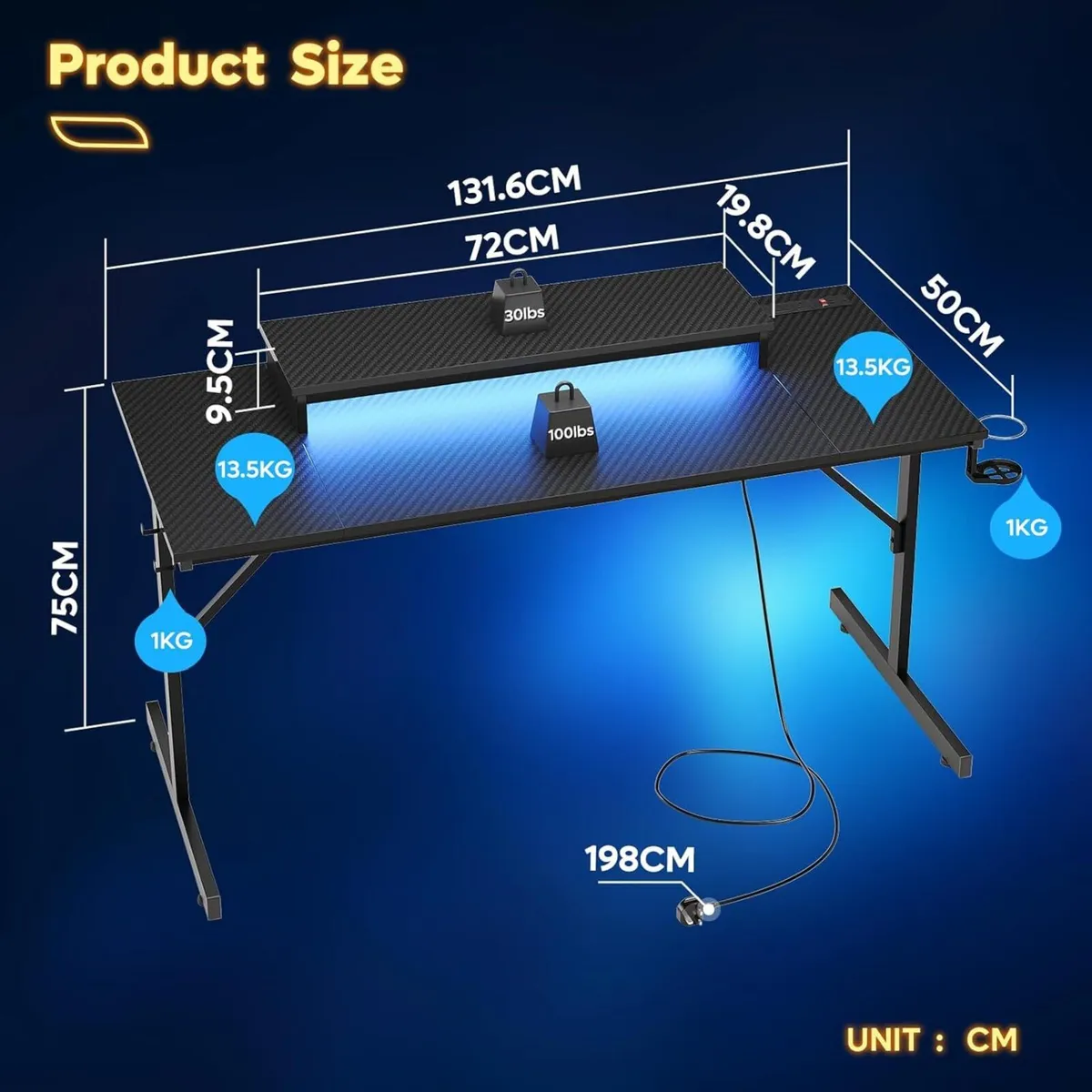 Gaming Desk 131.6 CM with Power Outlets LED Light - Image 3