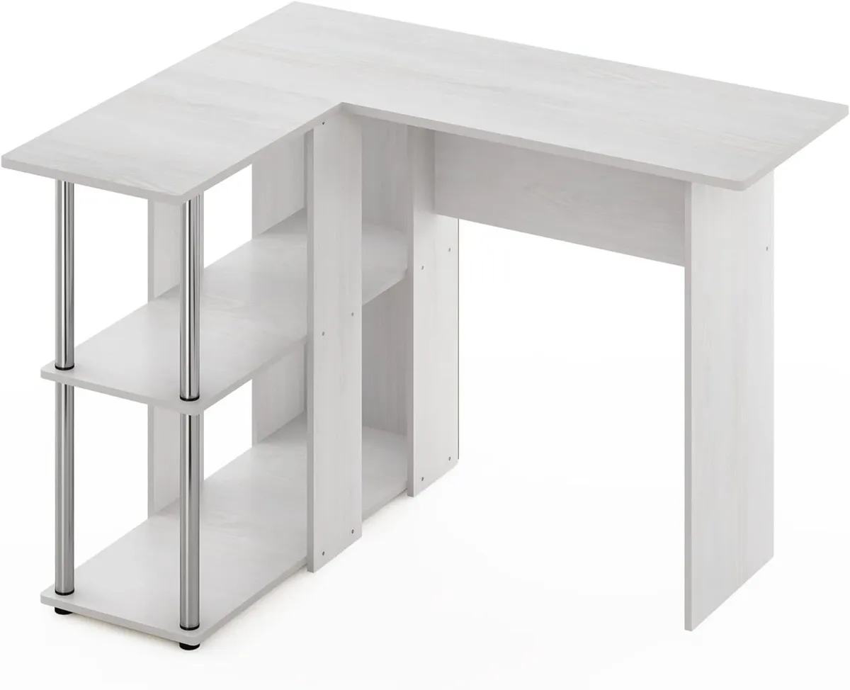 L-Shape Desk with Bookshelf Engineered Wood White - Image 4