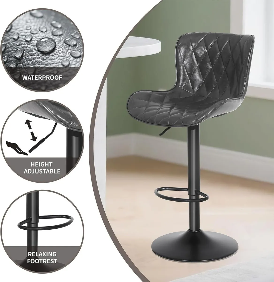 Bar Stools Set of 3 Waterproof Leather Height - Image 4