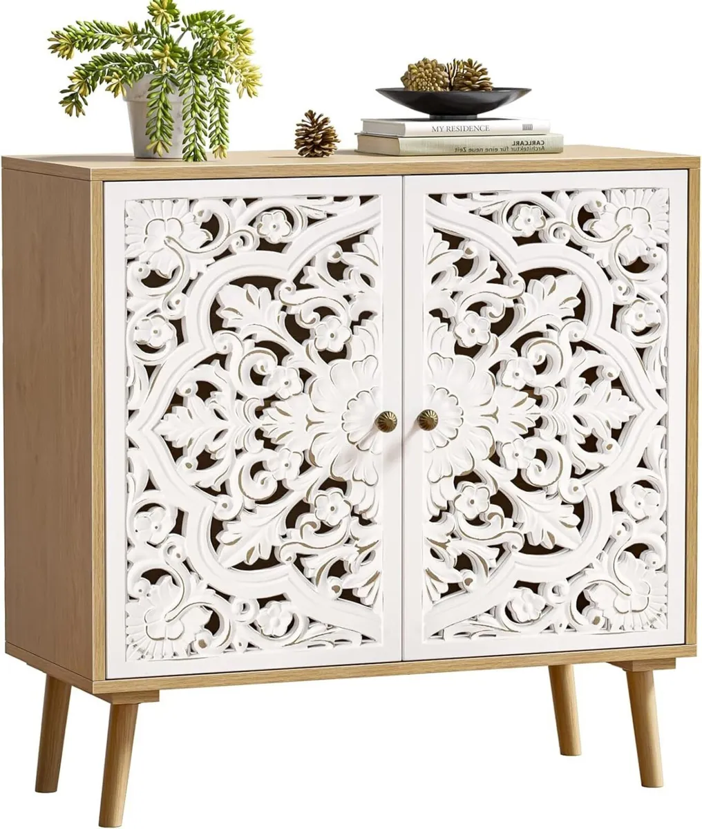 Accent Cabinet with 2 Doors Carved Decorative - Image 1