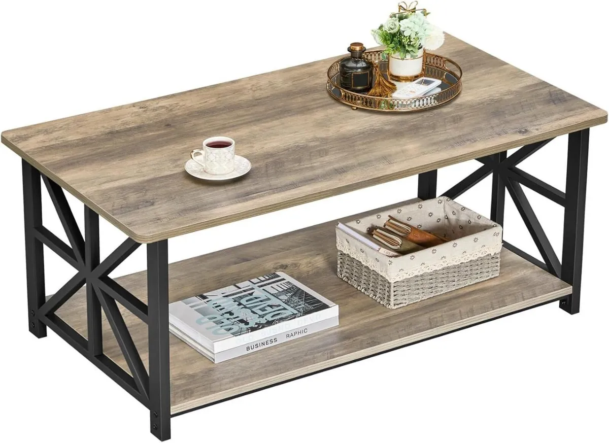 Modern Coffee Table with 2-Tier Storage Wooden - Image 1