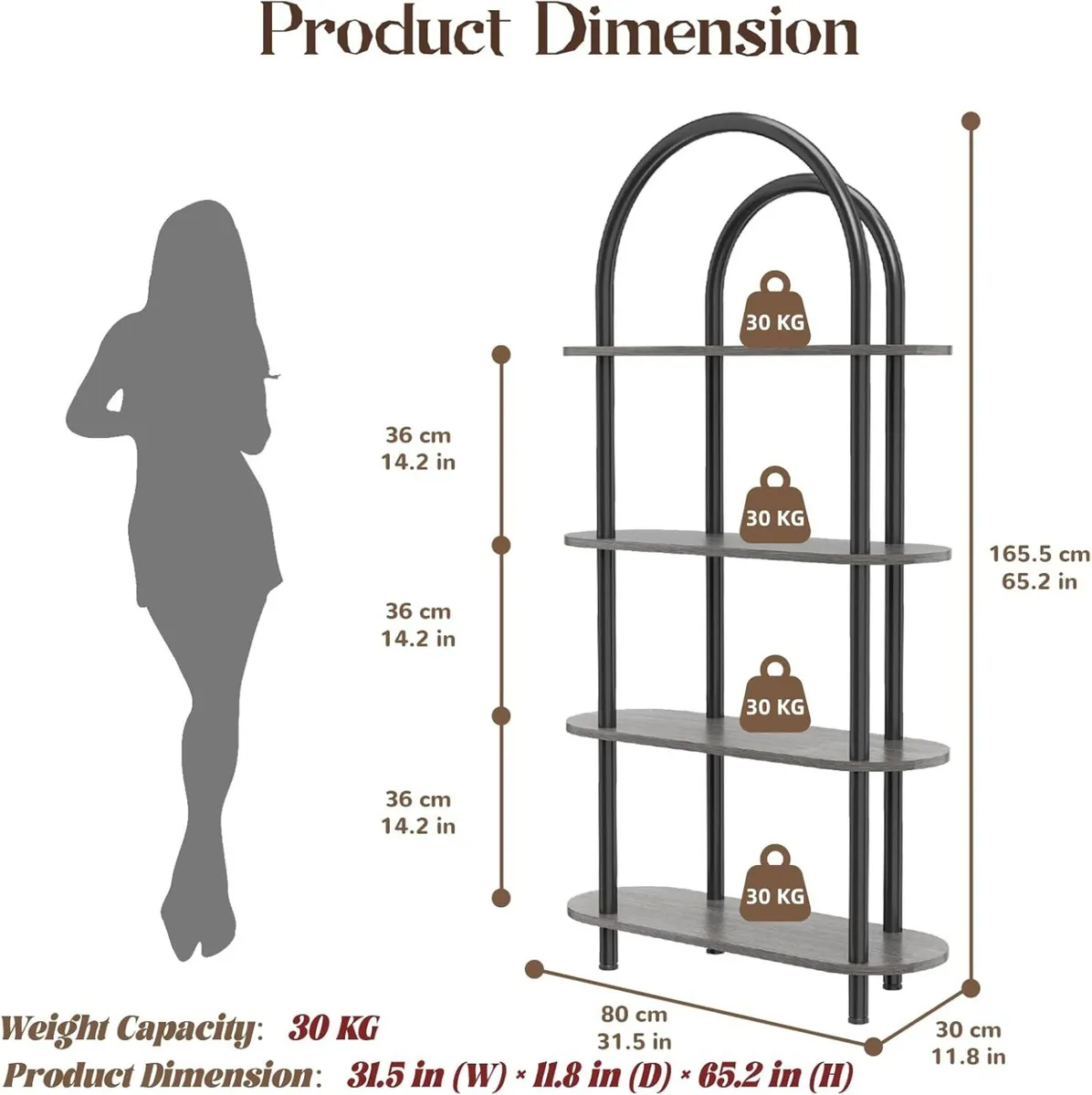 4-Tier Arched Bookshelf Bookcase with Metal Frame - Image 2
