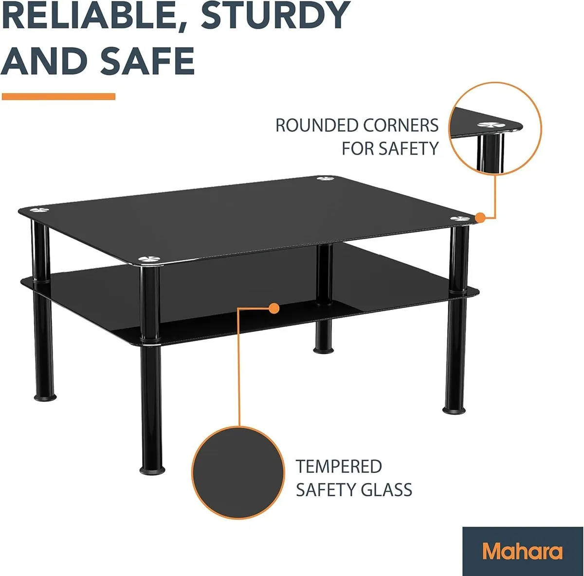 Black Glass Coffee Table - Large side with shelf - Image 4