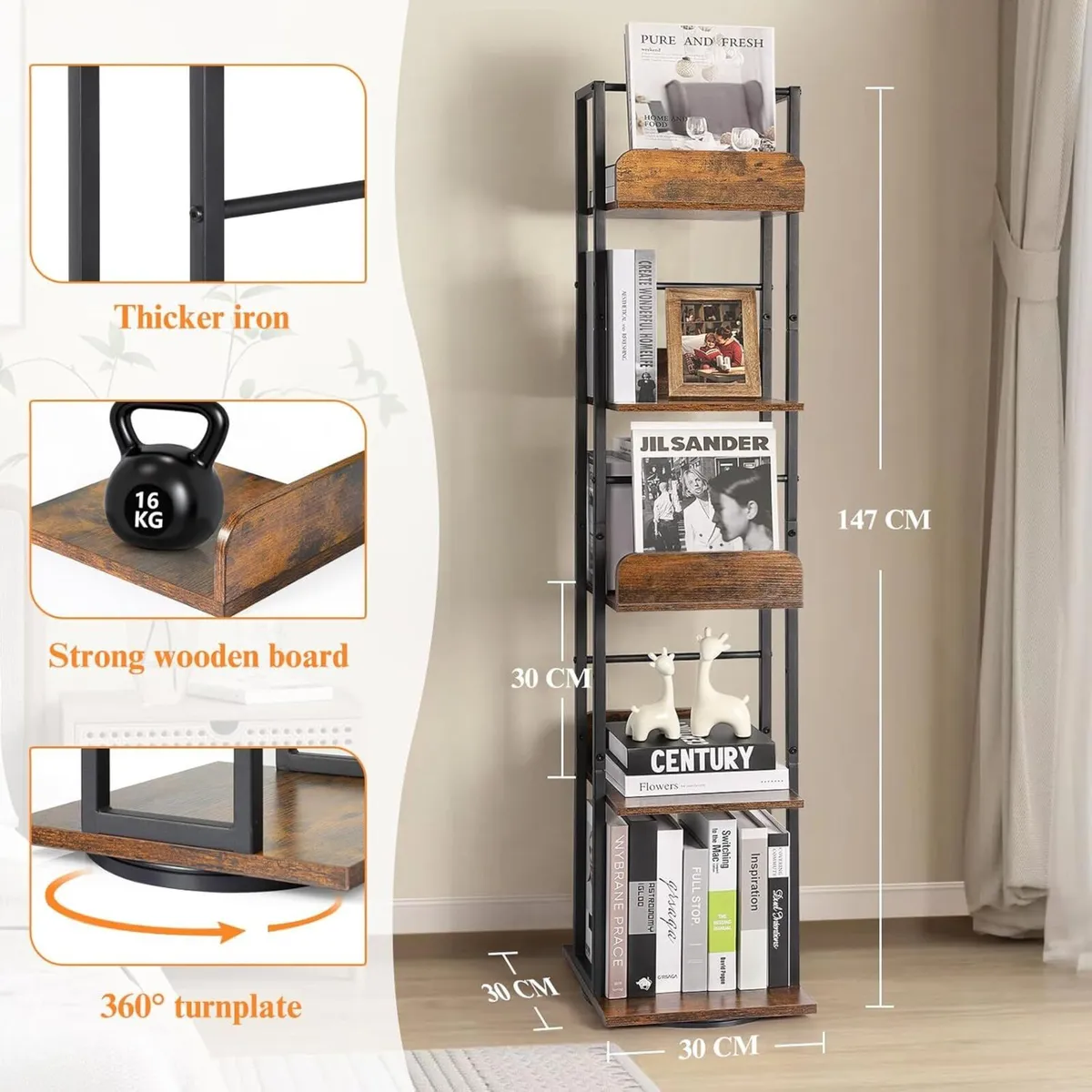 5-Tier Rotating Bookshelf Corner Bookshelves - Image 3