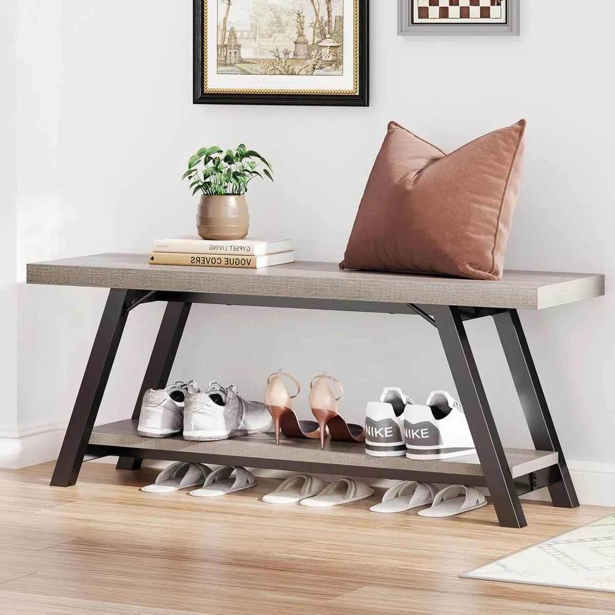 Farmhouse Entryway Bench Rustic Wood and Metal - Image 1