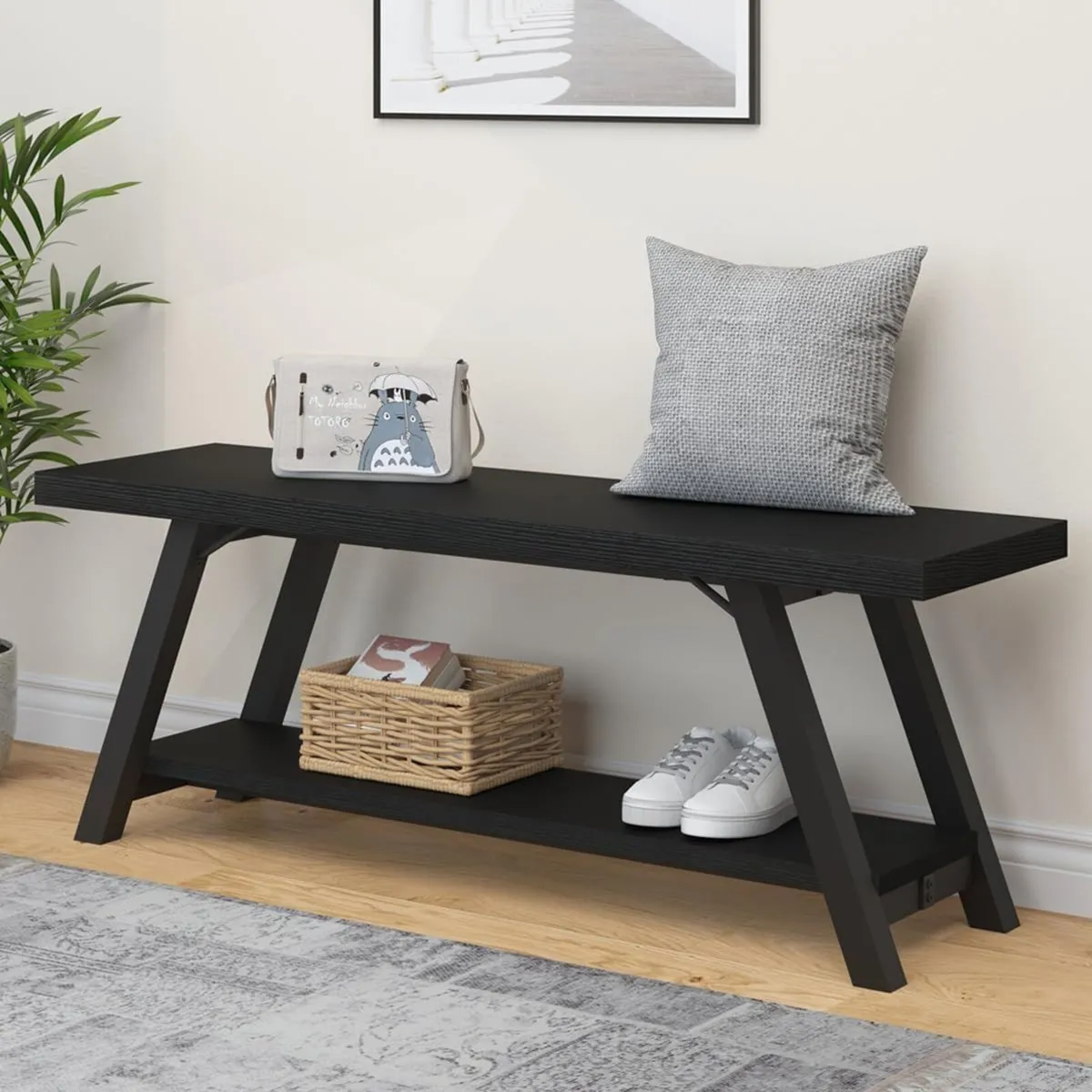 Black Bench Modern Storage for Bedroom Wood Metal - Image 1