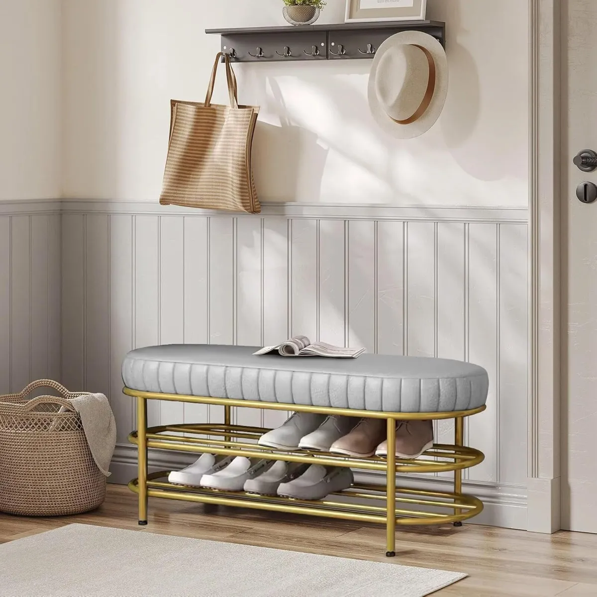 Shoe Rack Bench with Cushion Double-layer Storage - Image 2