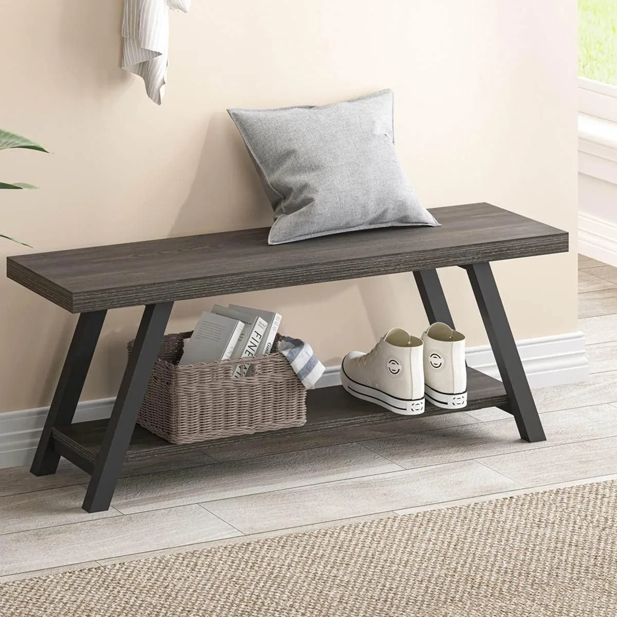 Entryway Bench with Storage Industrial Wood Metal - Image 1
