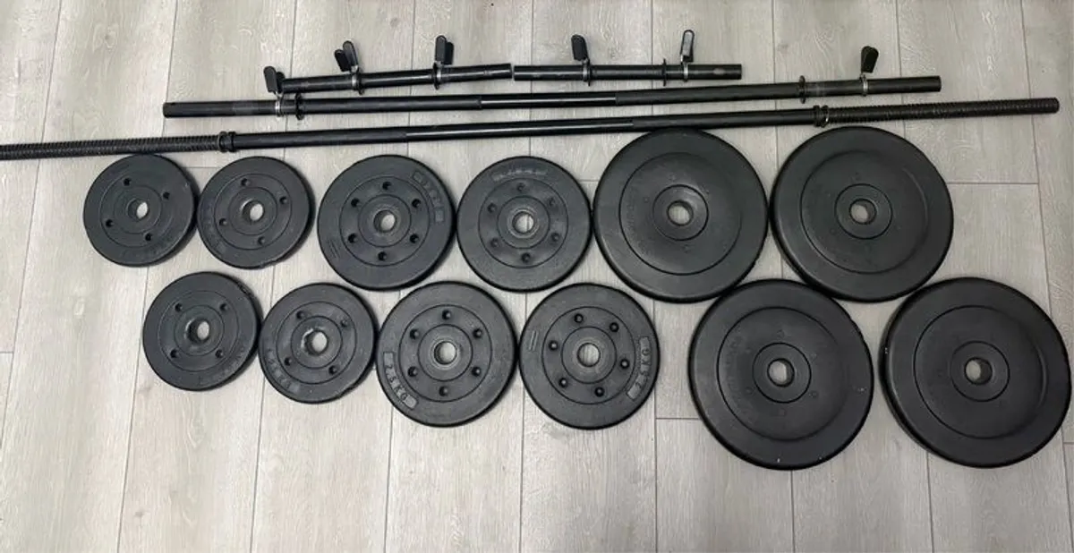Dumbbells,Bars,weight plates,bench,barbell rack. Combo - Image 1