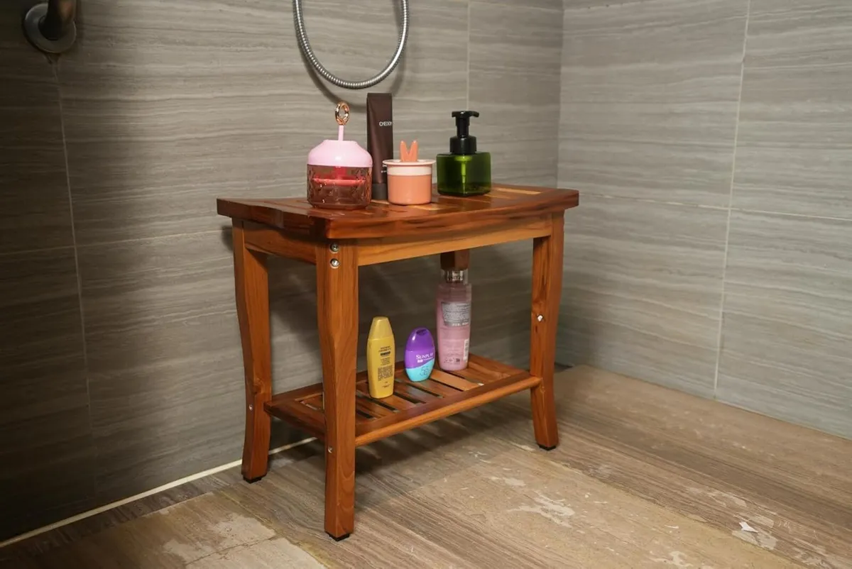 Teak Shower Bench Spa Bath Stool with Storage - Image 2