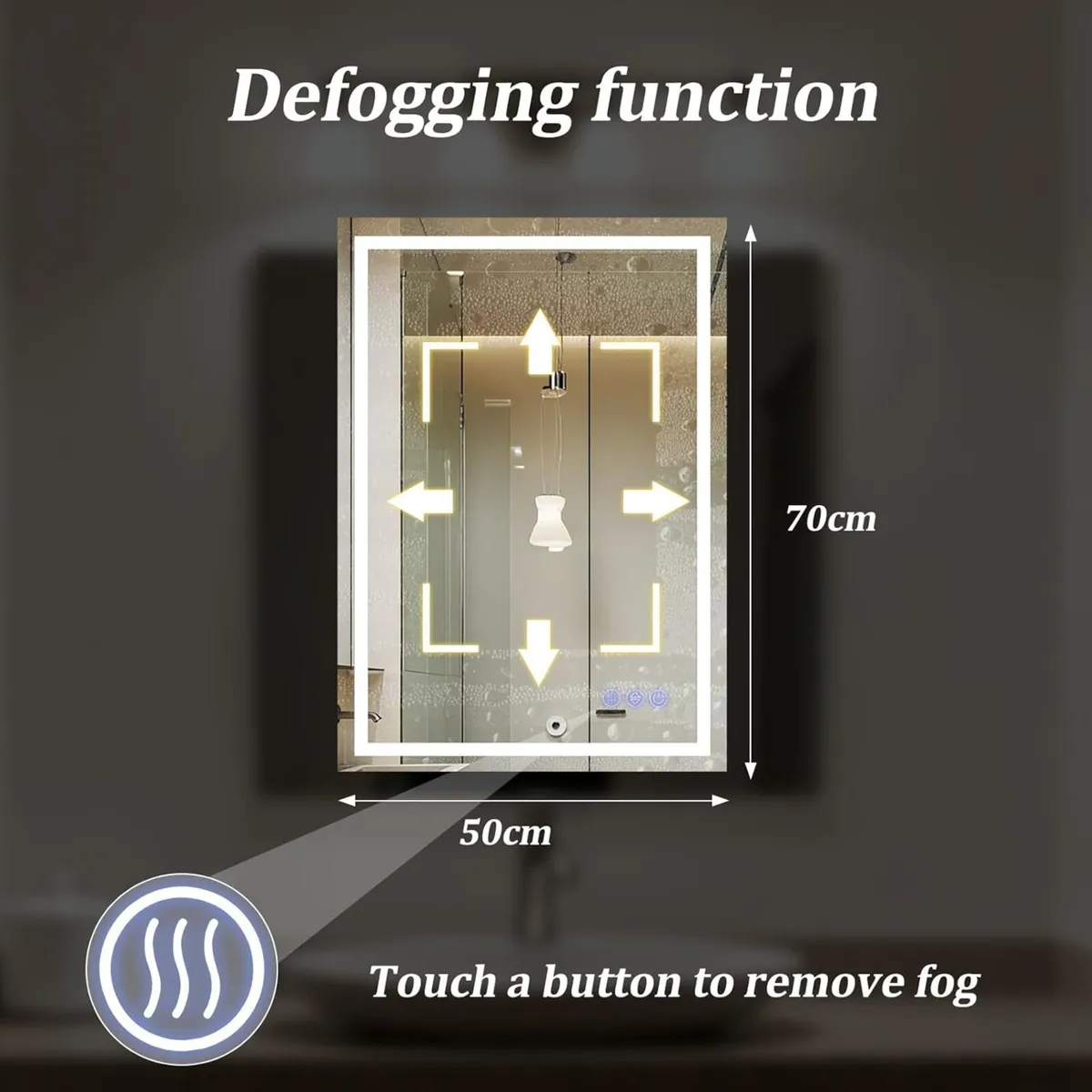 70x50cm LED Bathroom Mirror 3 Adjustable Lighting - Image 2