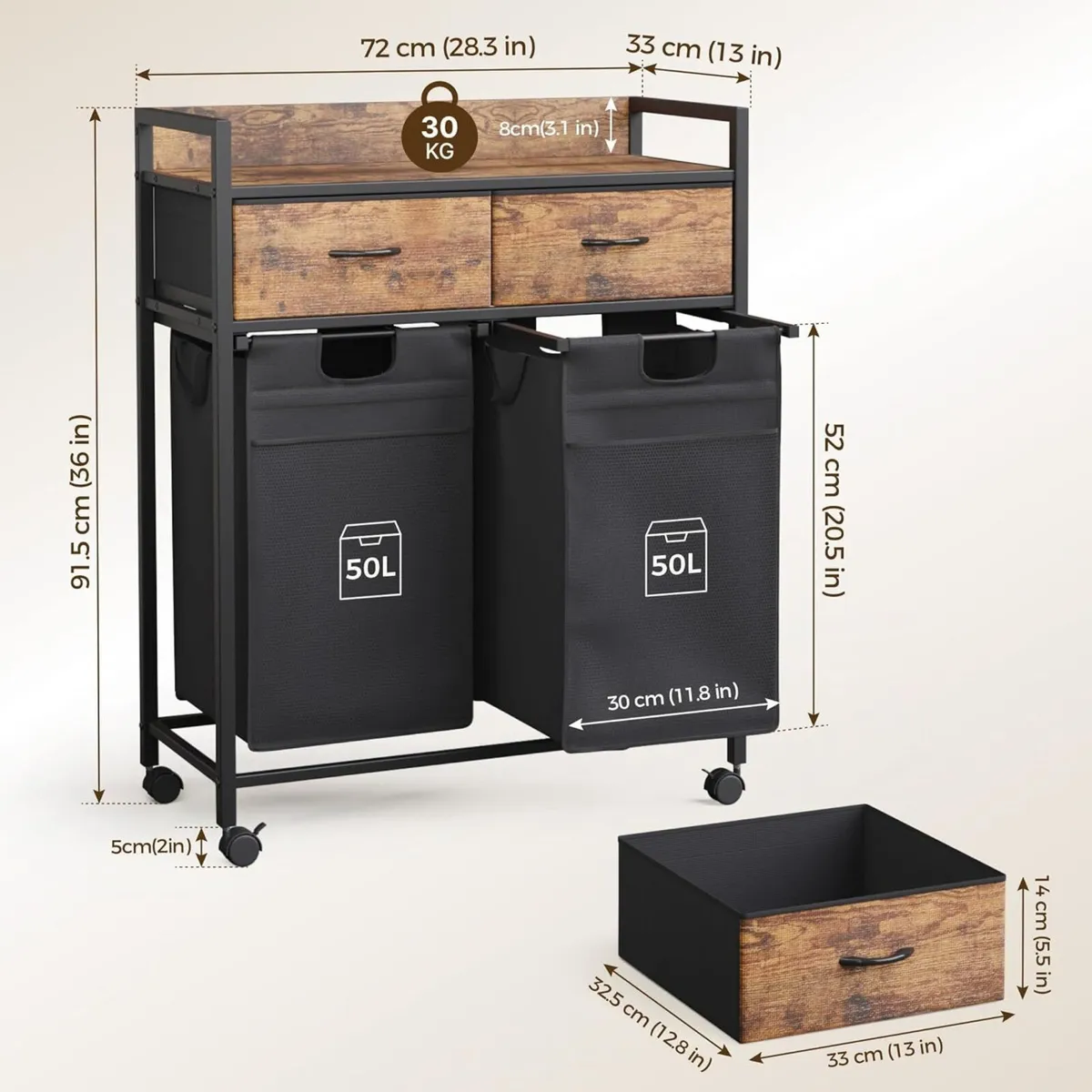 Laundry Hamper Baskets 2 Section with Drawers - Image 3