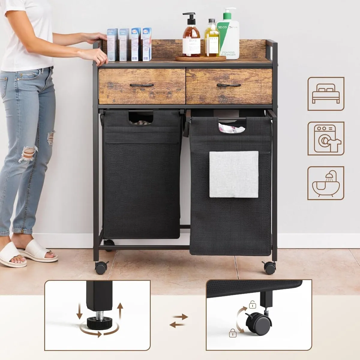 Laundry Hamper Baskets 2 Section with Drawers - Image 4