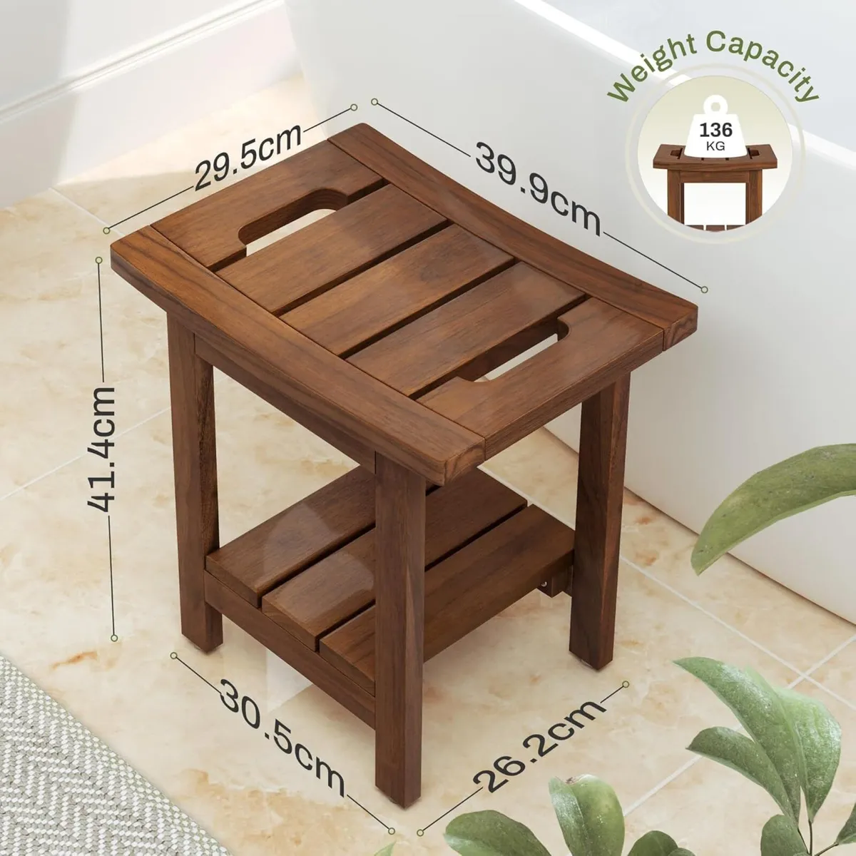 Solid Teak Shower Stool with Storage Shelf Square - Image 3