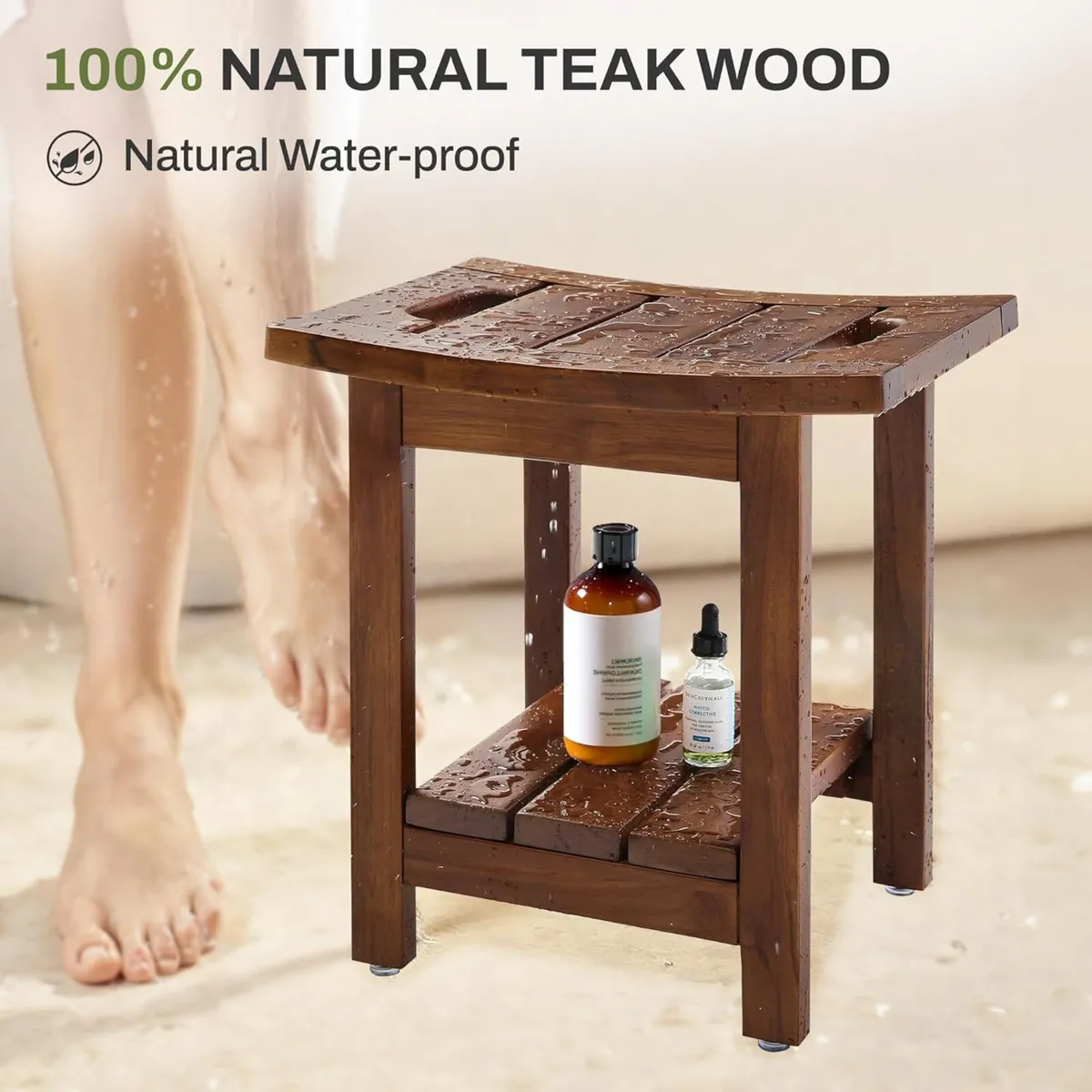Solid Teak Shower Stool with Storage Shelf Square - Image 4