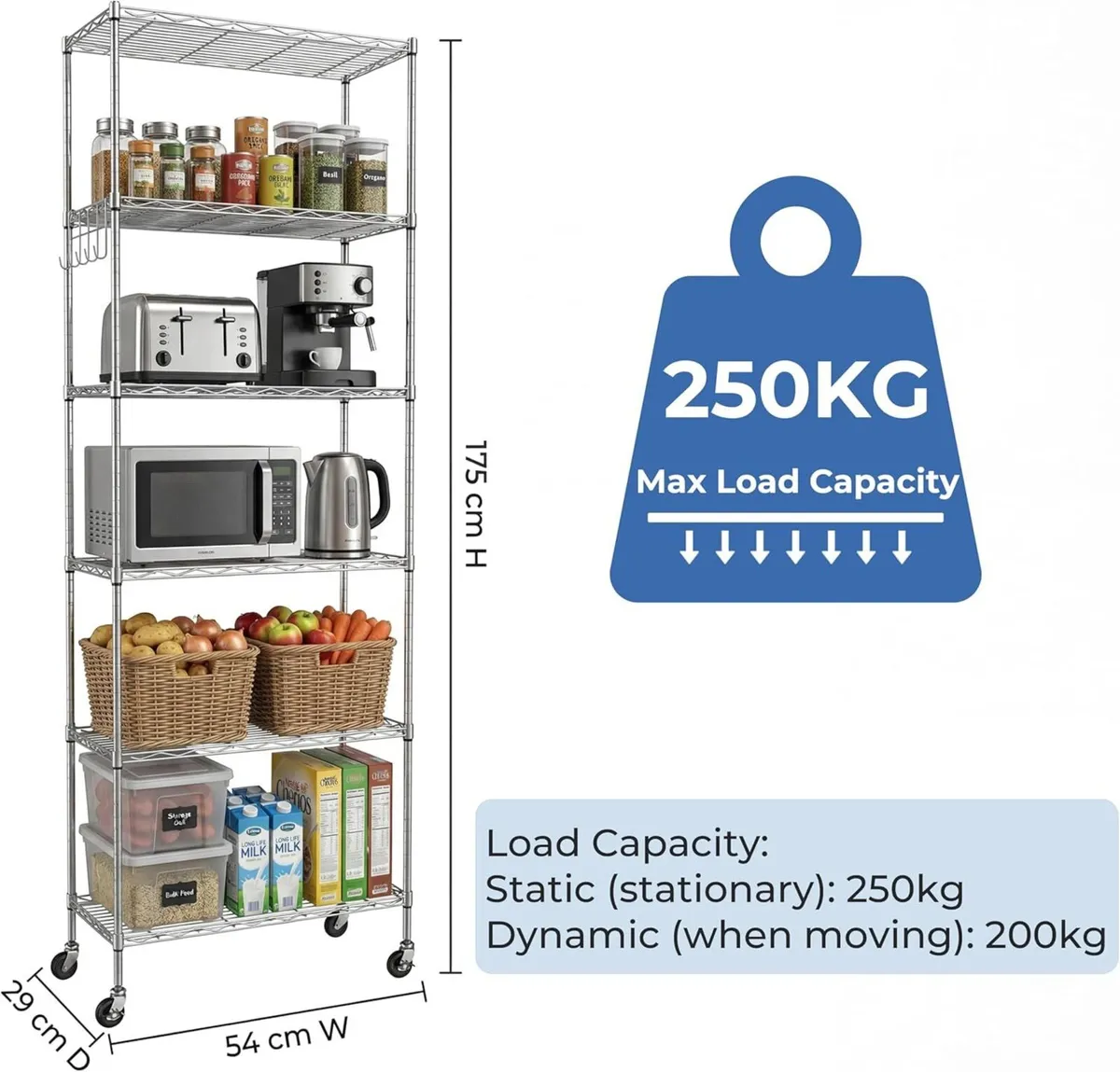 6-Tier Wire Shelving Unit with Wheels Height - Image 3
